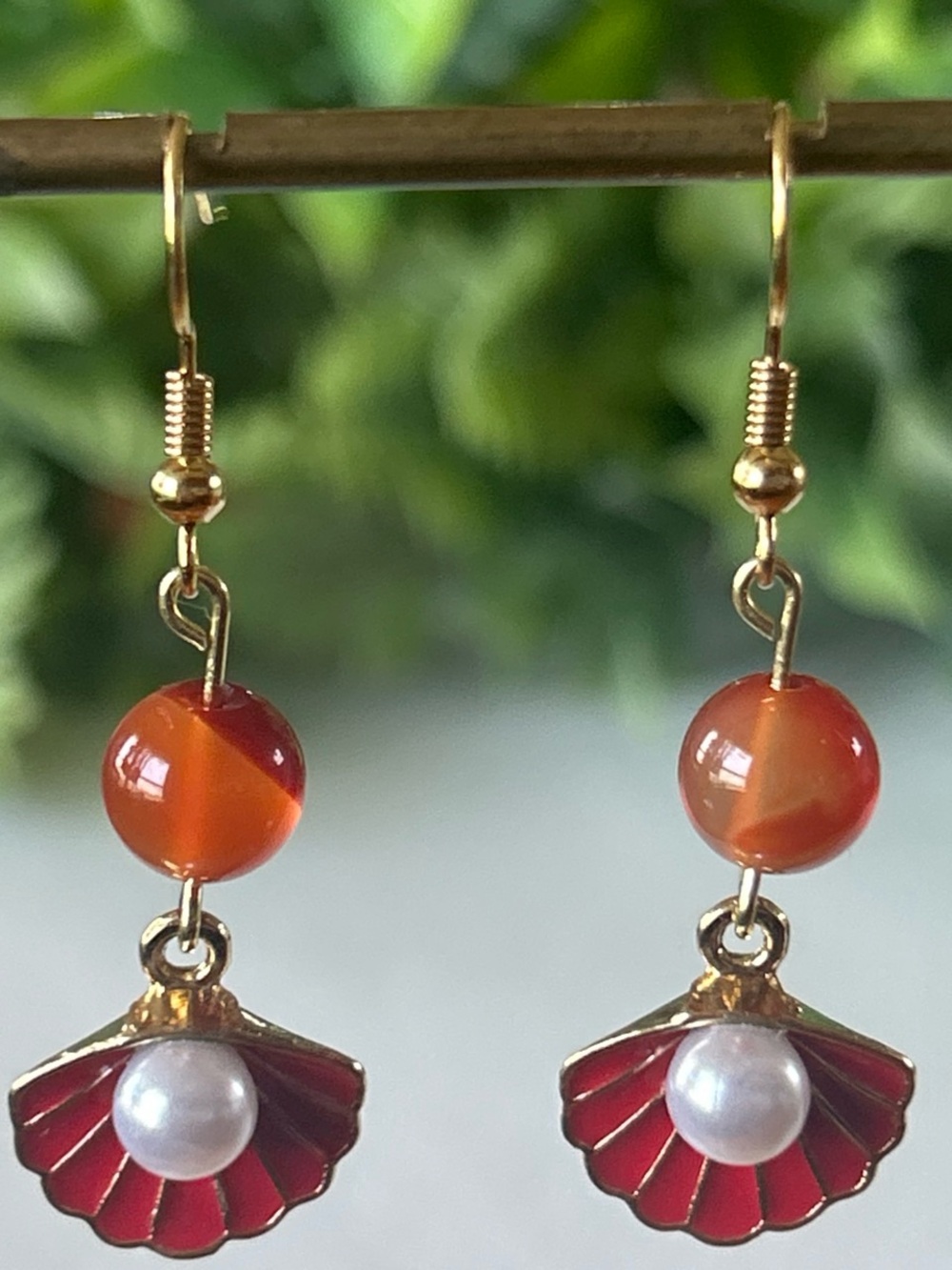 Handmade Carnelian shell earrings with faux pearl detail
